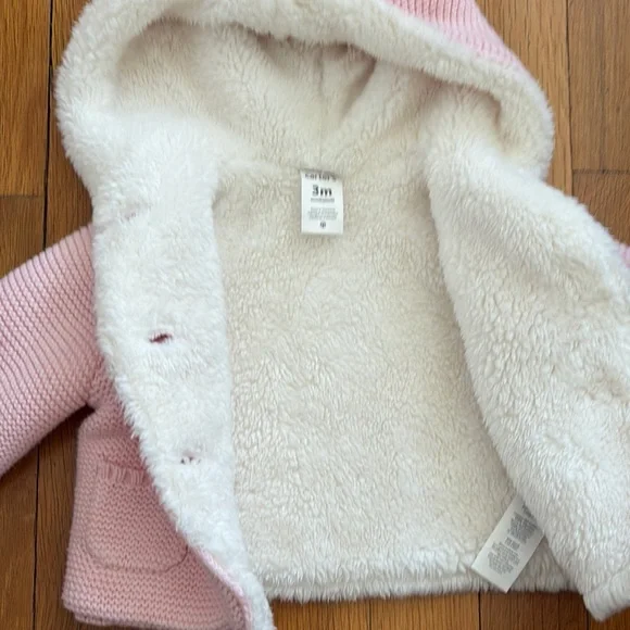 Carter’s, 3 Pink Baby Hooded sherpa Jacket with Ears - Picture 6 of 6